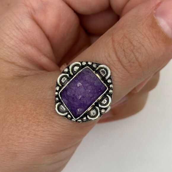 Silver Plated Purple Druzy Amethyst Gemstone Ring Vintage Size 10.75 Boho - Picture 1 of 8